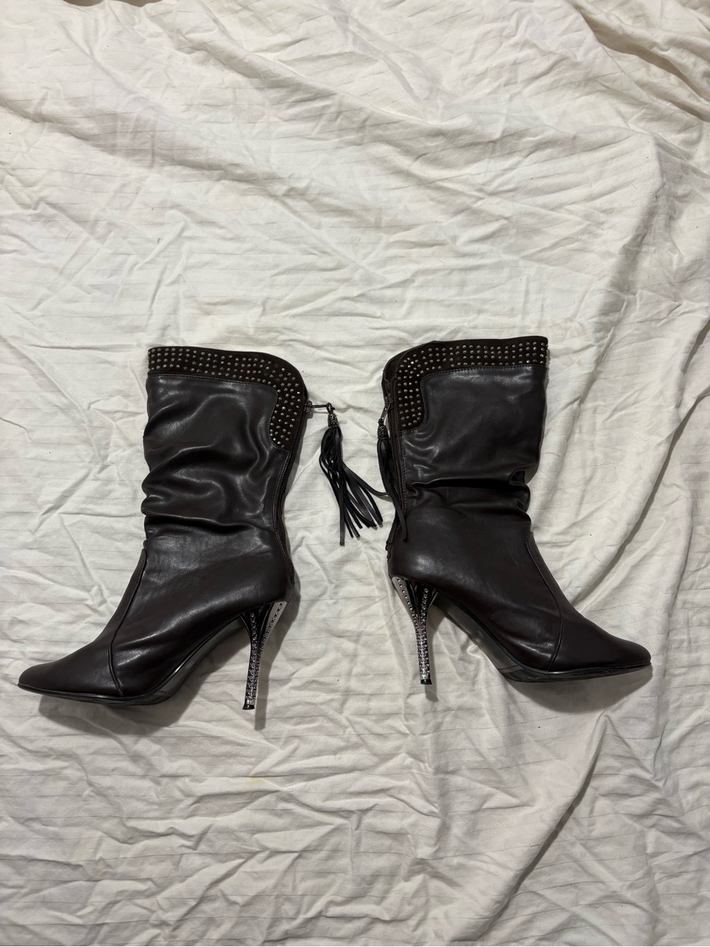 Women's Go Fresh Black Studded Leather Mid-Calf Heeled Boots - Size 38